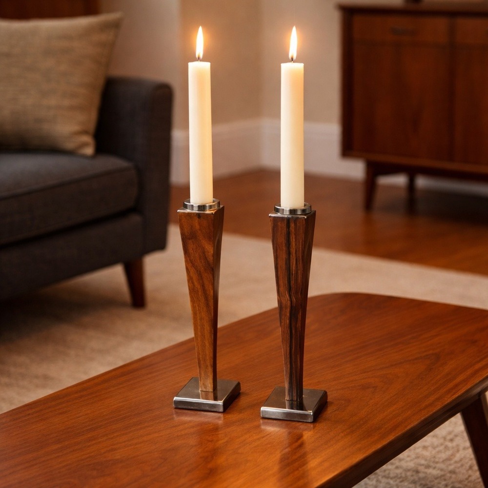 Vintage Mid‎ Century Modern Wood and Pewter Taper Candle Holders Set of 2